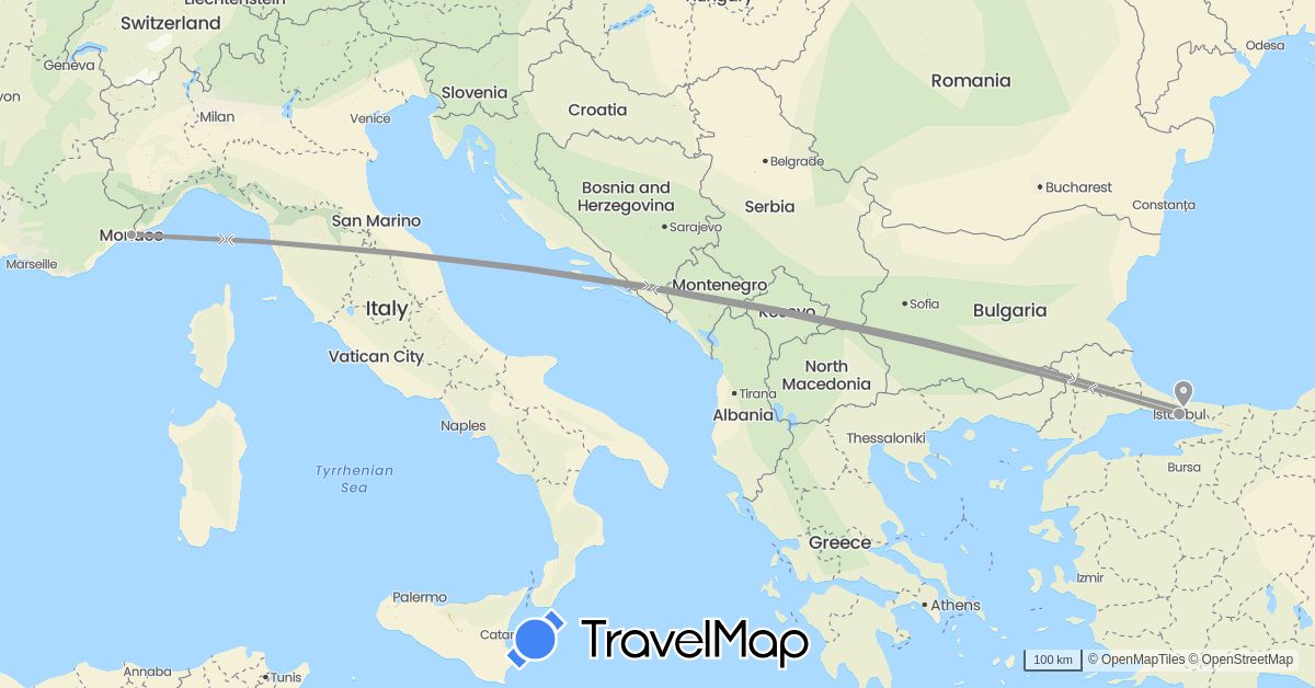 TravelMap itinerary: driving, plane in Monaco, Turkey (Asia, Europe)